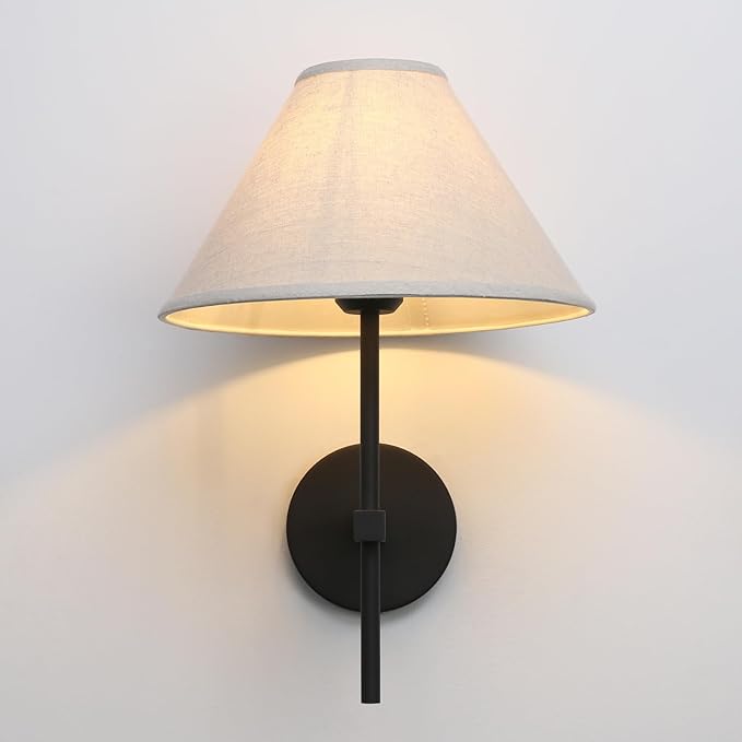 Pathson Hardwired Linen Wall Sconce Big Cone Fabric Lampshade, Vintage Wall Vanity Light Fixture Upwards Install, Indoor Bedside Lamp Victorian Decor for Living Room, Stairwell, Fireplace, Foyer