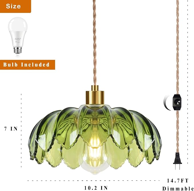 Plug in Pendant Light Hanging Lights with Plug in Cord Boho Hanging Lamp Glass Gold Mid Century Modern Vintage Dimmable Green Flower Plug in Chandelier Ceiling Fixture for Living Room,Kitchen