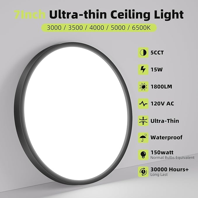 8PACK LED Ceiling Light Flush Mount Fixture 7Inch 15W 5CCT & 100W Equivalent Closet Light Fixture,Ultra Thin Round Black Surface Flushmount Fixtures for Bathroom,Bedroom,Kitchen,Hallway,Interior