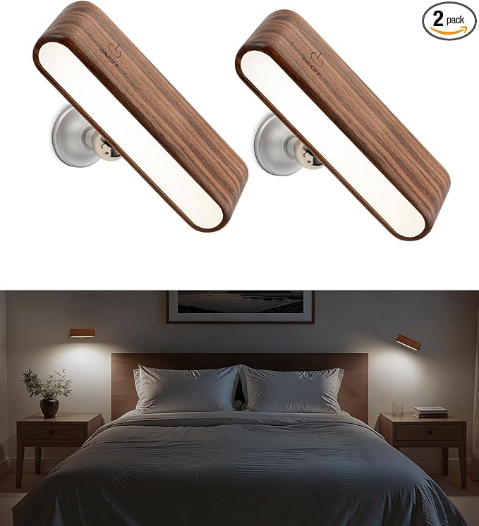 Rechargeable Wall Sconce, Reading Light for Bed, Magnetic Wood Lamp | Bedside Reading, 360° Rotation, Stepless Dimming, 4000K Natural Light, Magnetic Installation for Bedroom Wall Lamps