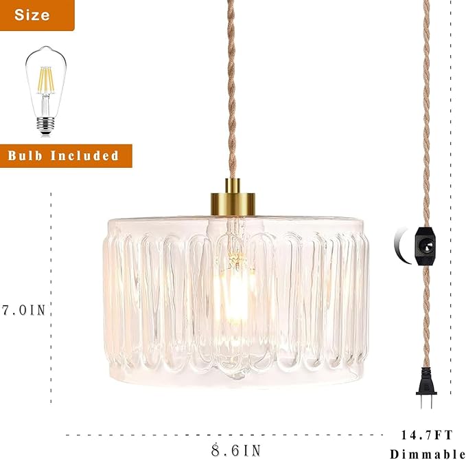 Glass Plug in Pendant Light Hanging Lights with Plug in Cord Milk White Hanging Lamp Gold Dimmable Mid Century Modern Plug in Chandelier Ceiling Fixture for Living Room,Kitchen,Boho