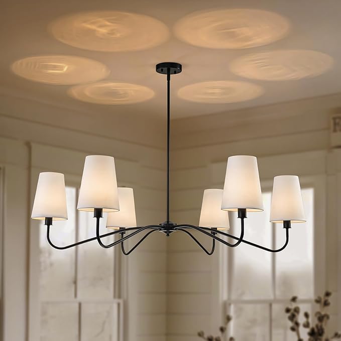 47'' Modern Chandelier with Shades, Farmhouse Chandeliers for Dining Room Light Fixture, 6-Light Large Black Chandelier, Height Adjustable Traditional Chandeliers for Living Room Kitchen E12 Base