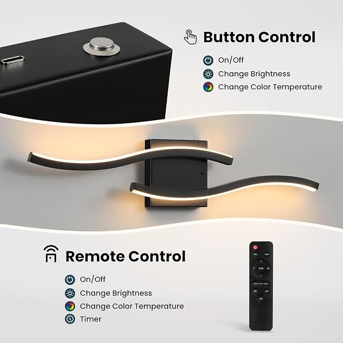 Black Battery Operated Wall Sconces: 23.6 Inch Rechargeable Sconce Lighting Set of 2 with Remote /3 Colors/10-100% Dimming/Timer Modern LED Wall Light for Bedroom Living Room Hallway Bathroom, 2 Pcs