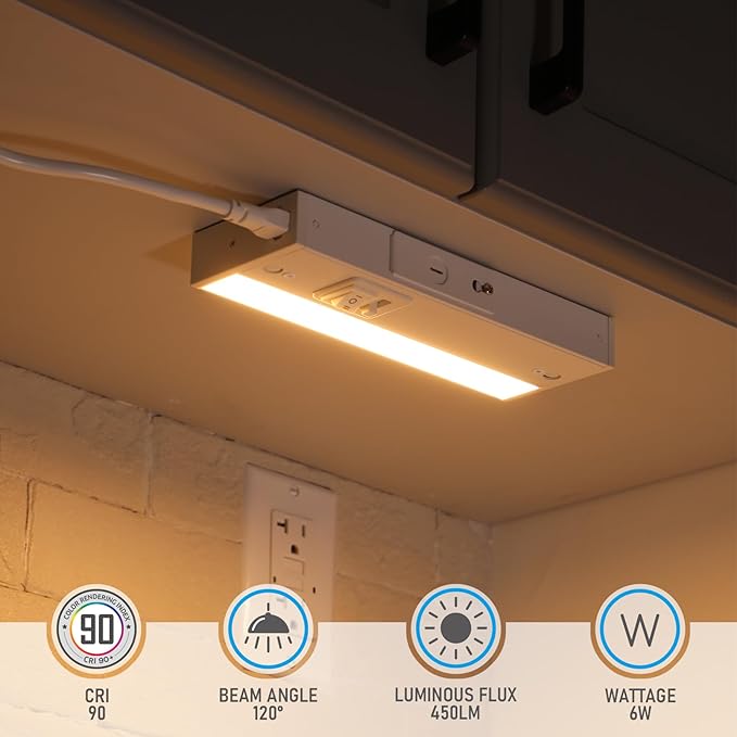 TORCHSTAR LED Under Cabinet Lighting 5CCT, 8 Inch 6W 450LM, Hardwired & Plug-in, 5 Color Selectable CRI90 120V ETL T24 Listed Dimmable Under Counter Lights for Kitchen, White Aluminum Housing, 4 Pack