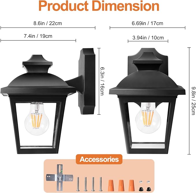 FUDESY Outdoor Wall Lanterns, 3000K Dimmable LED Edison FilamentBulb Included, Anti-Corrosion Plastic Materials, Black, P746-E26