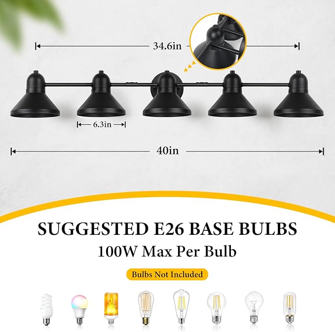 Bairth Bathroom Light Fixtures,5-Light Black Metal Vanity Light Over Mirror | Farmhouse Rustic Industrial Bathroom Vanity Light, Modern Bathroom Lights with Metal Shade for Living Room Cabinet Hallway