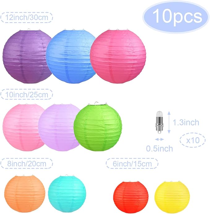 LIHAO 10PCS Colorful Paper Lanterns with Lights, Multicolor Chinese Lanterns Hanging Paper Lanterns for Party Decorations Wedding Birthday Classroom DIY Crafts(Size of 6'' 8'' 10'' 12'')