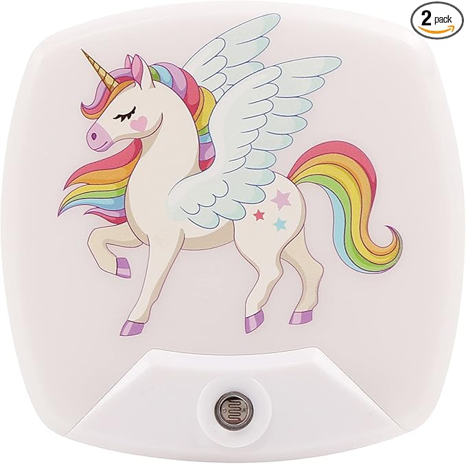 2 Pack - Cartoon Unicorn LED Plug-in Night Light for Kids - Wall Lamp Take Good Care Children Sleep Light Sensor Auto Controlled Nightlights for Baby Nursing D