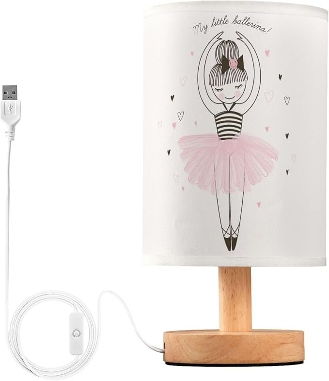 Table Lamp Cute Ballerina Girl Princess Dancing Ballet with Heart Nightstand Lamp with Wood Base Fabric Lamp Shade Bedside Desk Lamp for Living Room Bedroom Kids Room Office
