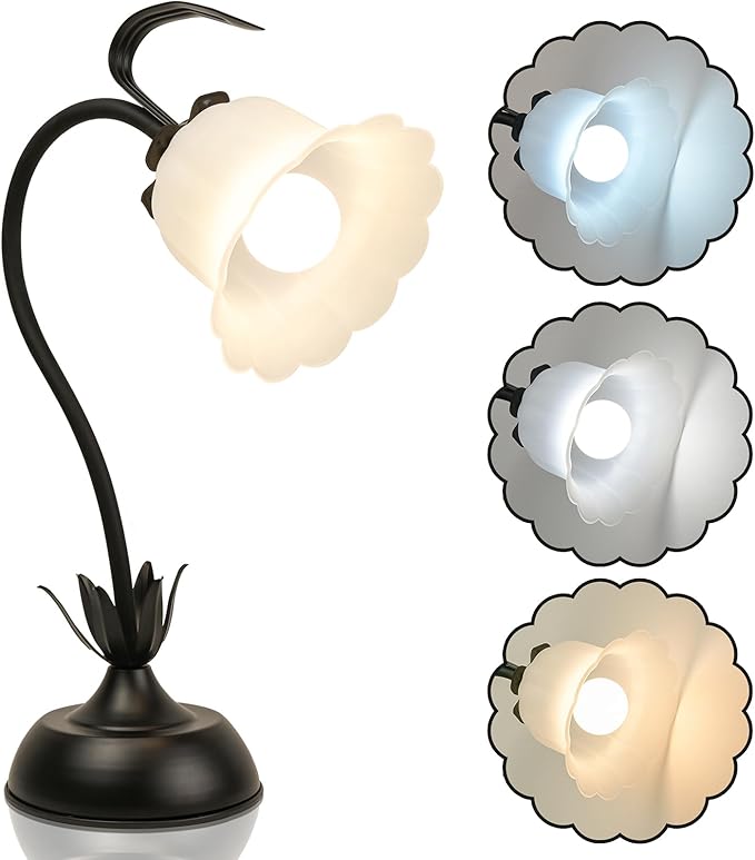 Vintage Flower Table Lamp, 3 Color Temperature Flexible Gooseneck Cute Small Desk Lamp for Bedroom, Kawaii Nightstand Bedside Lamps for Living Room, Dorm, Office, Home Decor (Black)