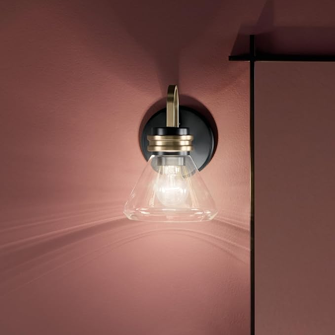 Kichler Farum 1-Light Bathroom Wall Light, Black | Modern wall light with clear glass for bathrooms, hallways and bedrooms (7.25" x 9.5"), 55153BKCLR