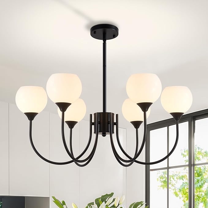 Mid Century Chandelier Light Fixture Black Sputnik Pendant 6 Lights, Modern Ceiling Light Fixture with Milk Glass Globe Adjustable for Dining Room Living Room Bedroom