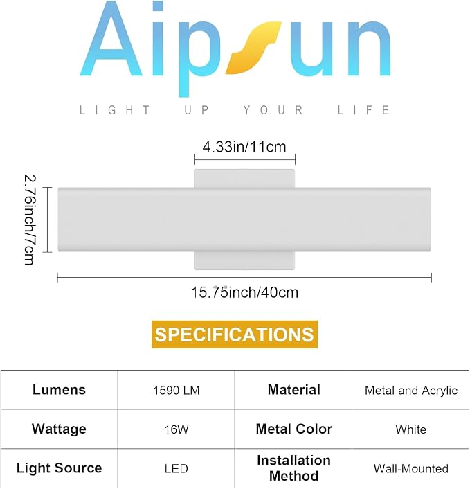 Aipsun 2 Packs Outdoor Wall Sconce, 3000K 4000K 6000K, 15.75in Modern White Exterior Light, Long LED Linear Wall Light Outside Lighting for Entrance, Hallway, Garage, Porch(3CCT)