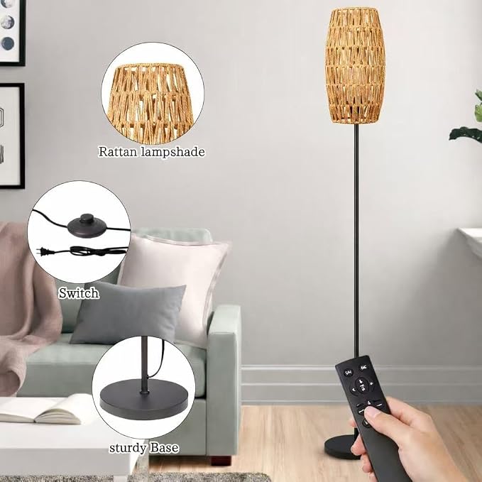 Ruiever Floor Lamp for Living Room,Farmhouse Floor lamp,Modern Standing lamp with Hand-Worked Rattan Shade (Drum Shade-with Remote)