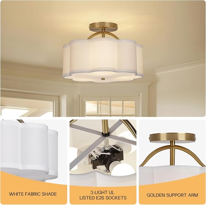 CALOKES Semi Flush Mount Ceiling Light, 11.8" Modern 3-Light Fixture with Petal-Shaped Cream White Fabric Shade and Golden Support Arm, Ideal for Bedroom, Kitchen, Living Room, Hallway, and Entryway
