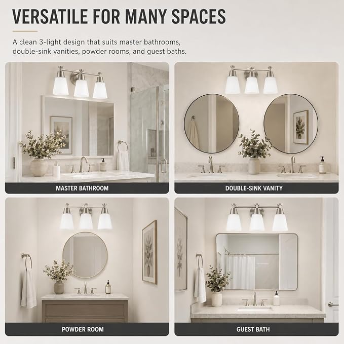 3-Light Bathroom Vanity Light, Brushed Nickel Finish with Milk Glass Shades, Over Mirror, for Bathroom Vanity