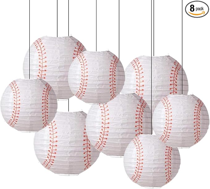 ZOOYOO Baseball Paper Lanterns, 8 Pack Sports Themed Hanging Lanterns for Baseball Birthday Party, Game Day Decorations, Classroom and Sports Nursery Decor, 8 and 10 Inch Round White Lanterns
