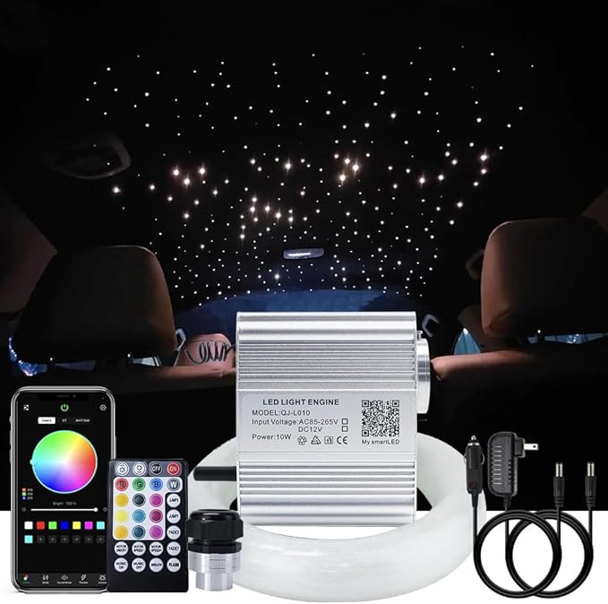 AKEPO 10W RGBW Fiber Optic Lights kit Twinkle+APP Control+Music Effect Star Ceiling Sky Light Kit for Car & Home, Optical Fiber Cable 200pcs 0.03in/0.75mm 9.8ft/3m + 28key RF Remote Control