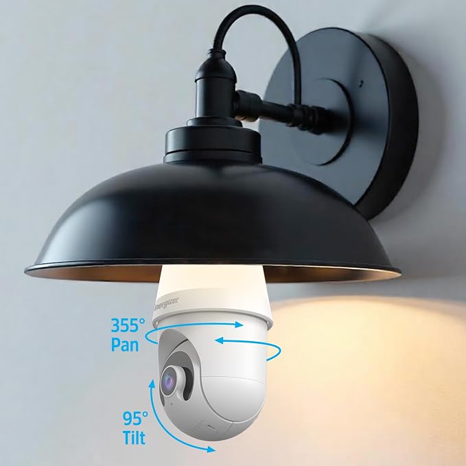 Energizer Smart 2K Light Bulb Security Camera, 1000 Lumens LED Light, 5G&2.4G Wi-Fi Outdoor Socket Camera, Pan Tilt Auto Tracking, (White, App Enabled Smart Detections)