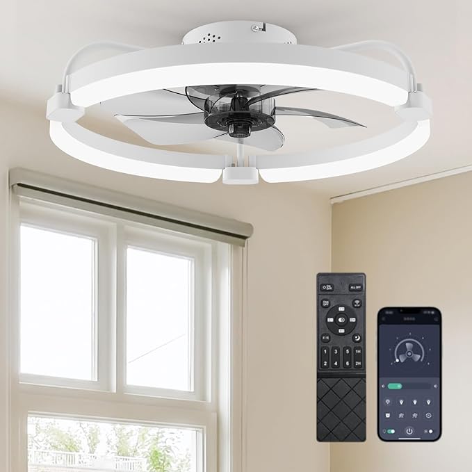 Ensenior 20 Inch Flush Mount Ceiling Fans with Lights, APP Control, White | Quiet Reversible Motor, Night Light Mode, 6 Speeds, 3CCT, Dimmable, Low Profile, Remote, Memory Function, Timer, Bedroom
