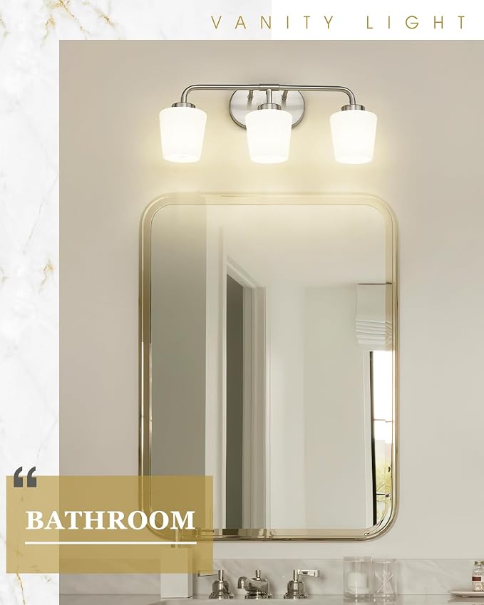 Bathroom Light Fixtures Over Mirror, 3-Light Brushed Nickel Vanity Lighting Fixtures with Milk White Glass, Vintage Farmhouse Wall Sconces Lighting, AD-22004-3W-SN