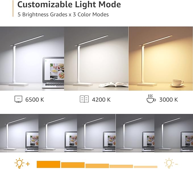 Lepro LED Desk Lamp with USB Charging Port for Dorm Room, 700LM 9.5W, White | Dimmable Table Lamp, 5 Colors 5 Brightness, Eye Caring Task Light for Home Office, Sewing, Crafting, Reading, Nail, Drafts