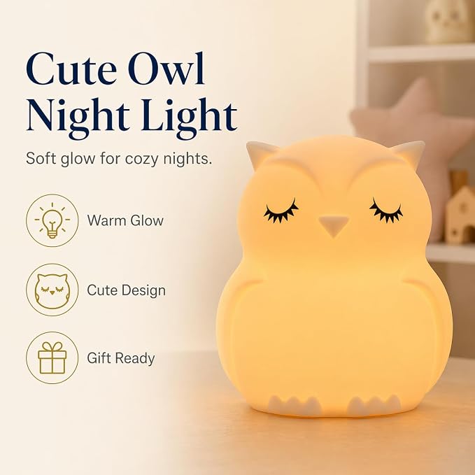 Owl Kids Night Light, Baby Nursery New Born Baby Essentials Must Haves | Portable LED Night Lamp for Breastfeeding, Nightlight with Timer, Rechargeable Light for Toddlers Kids, Girl Boy Room Decor