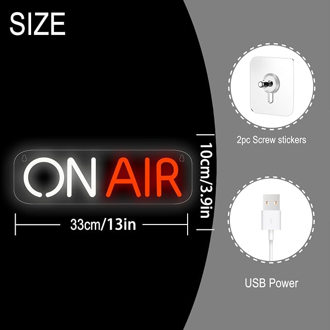 On Air Neon Sign - 5V USB power supply, low power consumption for Wall Decor, Podcast Decor, Video live, game live，LED Neon Signs, Wall Decor (White-Red)