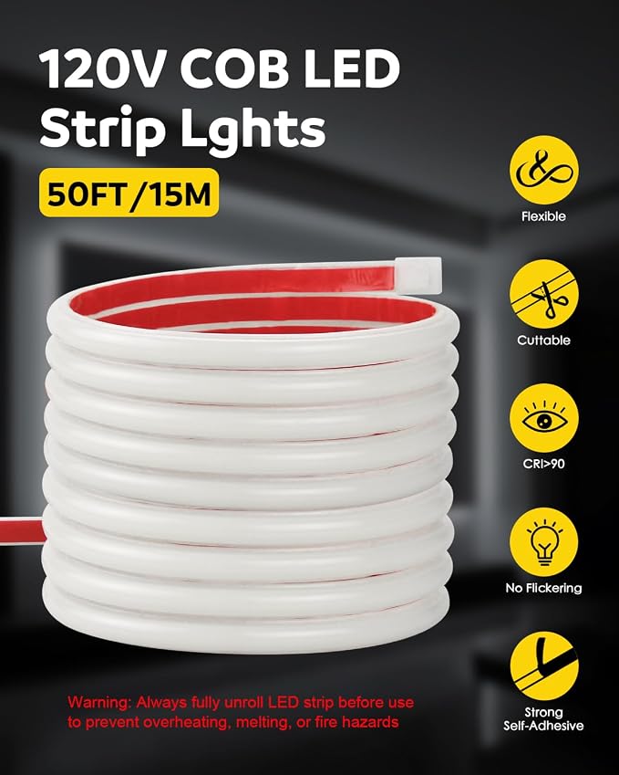 Aclorol COB 50FT LED Strip Lights Outdoor Waterproof 120V Cold White 6000K | High Density 288LEDs/M, Super Bright and Uniform, CRI90+, Plug in Rope Lights for Kitchen Garden Garage Outdoor Lighting