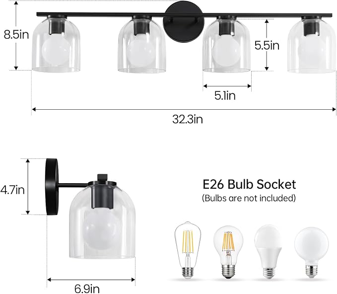 WOSHITU Bathroom Vanity Light Fixtures: 32.3 Inch Modern Matte Black Bathroom Lighting Fixtures Over Mirror with Clear Glass Shade 4 Light Vanity Lighting Fixtures Farmhouse Vanity Lights