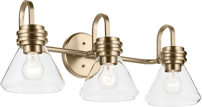 Kichler Farum 3-Light Bathroom Vanity Light, Champagne Bronze | Modern vanity light with clear glass for bathroom mirrors (26" x 9.5"), 55155CPZCLR