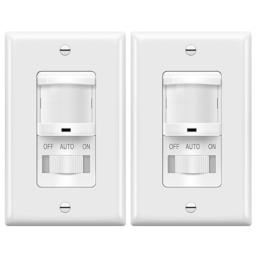 TOPGREENER In-Wall PIR Motion Sensor Light Switch, Single Pole Occupancy Sensor Switch, Motion Sensor Switch, Need Neutral Wire, Wall Plate Included, On/Off Override, 4A, 500W, TSOS5-W, White, 2 Pack