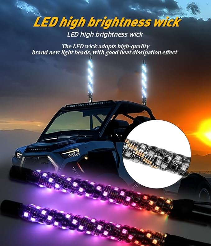 S7 2 Pack 1FT Whip Lights, LED Whip Light with App & Remote Control, Spiral RGB Chasing Lighted Antenna Whips,Whip Light for UTV ATV RZR SXS Can-Am Dune Buggy Offroad Truck (1ft)