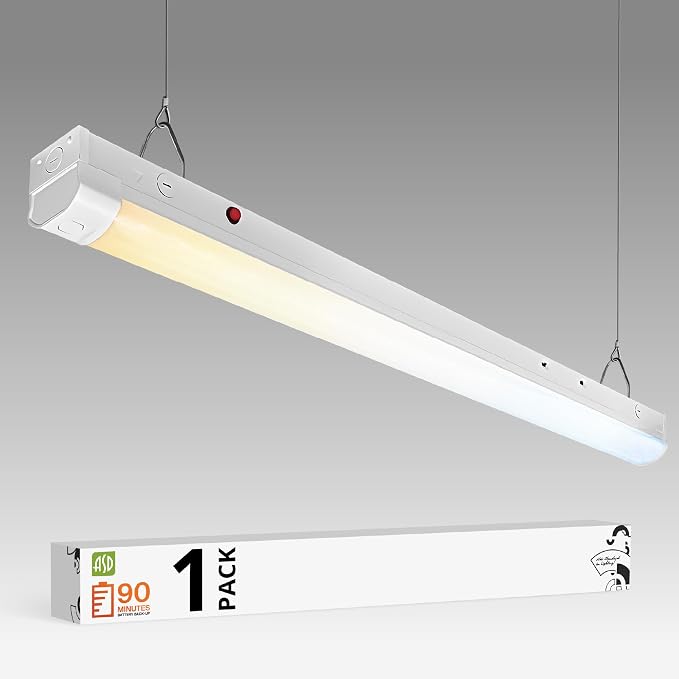 ASD 4ft LED Linear Strip Light Fixture with Emergency Battery Backup & Q-Base | 20W-40W 120-277V 3500K-5000K Adjustable Linkable LED Shop Light | UL DLC Stairwell Certified Luminaire