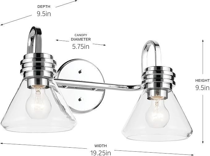 Kichler Farum 2-Light Bathroom Vanity Light, Chrome | Modern vanity light with clear glass for bathroom mirrors (19.25" x 9.5"), 55154CHCLR