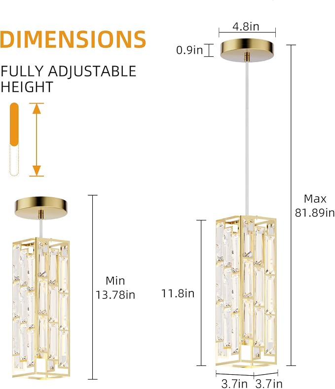 Modern 1-Light Crystal Pendant Light Kitchen Island, Brass, 2-Pack | Mini Crystal Chandeliers, Height Adjustable Cord, Ceiling Hanging Lighting for Kitchen Island Dining Room Bedroom