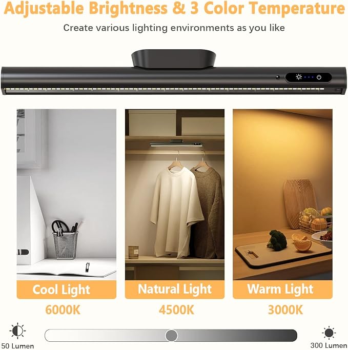 Rechargeable Magnetic LED Light Bar, 4000mAh Wireless Closet Light | Under Cabinet Lighting, Battery Powered Operated Wall Strip Light, Dimmable Lamp for Mirror Closet Picture Kitchen Black