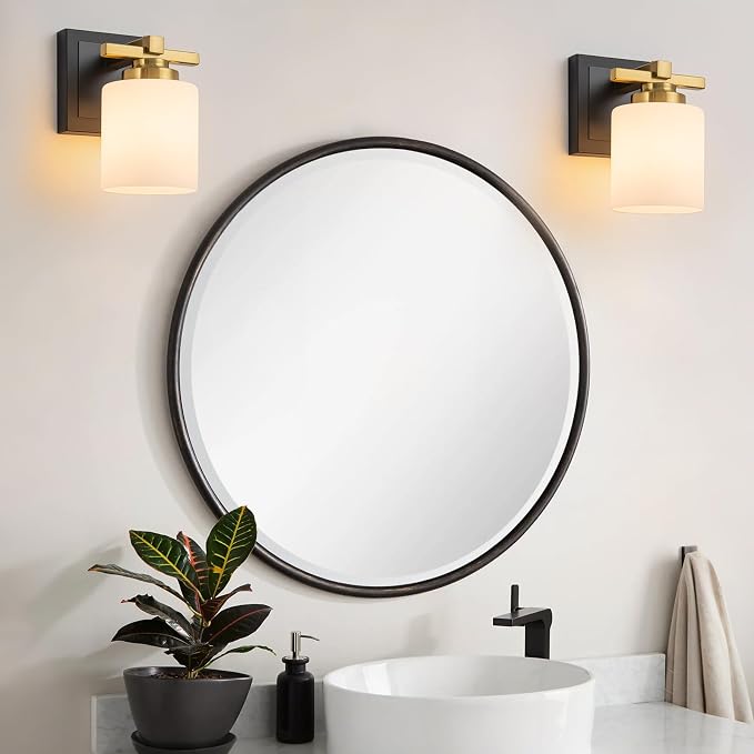 Modern Bathroom Light Fixtures Over Mirror, Vanity Lights for Bathroom Wall Sconces with Milky White Glass Shades, E26 Socket (Bulbs Not Included), 1 Light, Black Gold