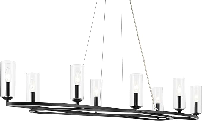 Kichler Harpin 8-Light Linear Chandelier, Sloped Ceiling Compatible, for Dining Room or Kitchen with Clear Glass in Black