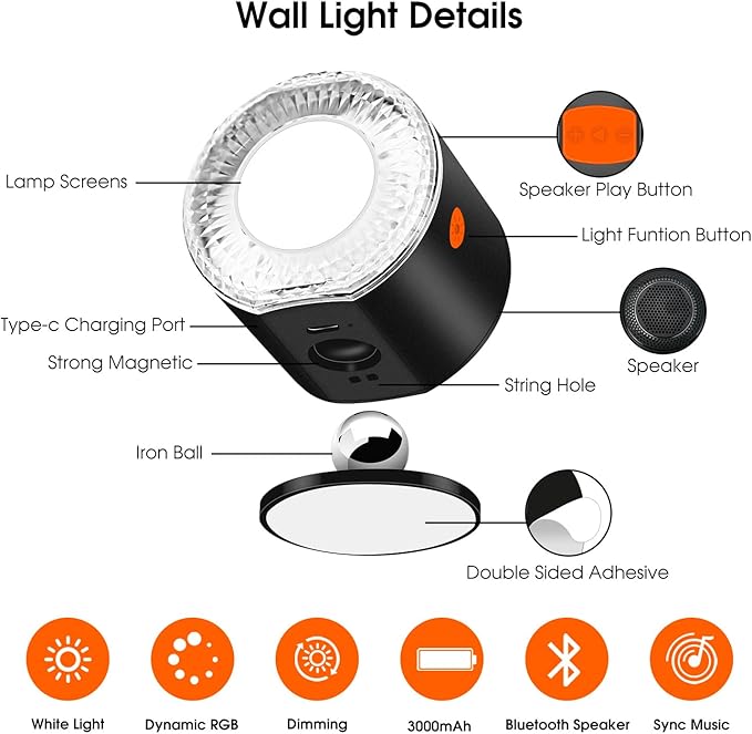 LED Wall Mounted Light, Battery Operated Wall Sconces with Bluetooth Speaker 3000mAh Rechargeable Wall Lights, Dimmable Bedside Reading Wall Lamp for Bedroom, White Light Dynamic RGB Music Sync Modes