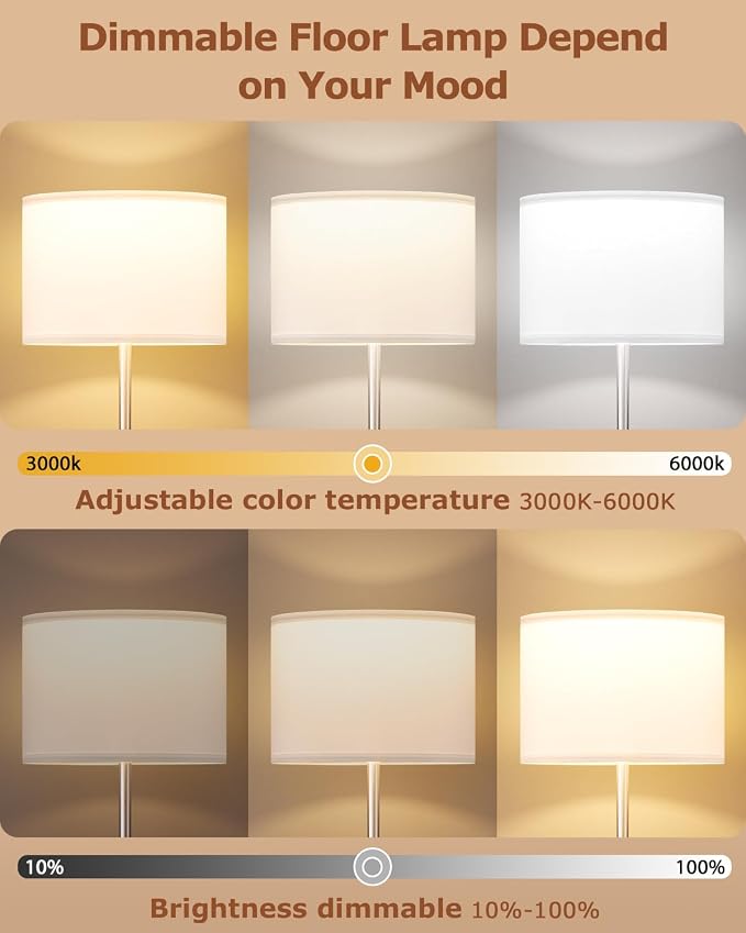 Dimmable Floor Lamp for Living Room with Remote, 9W 900LM LED Bulb Included, White Shade Silver Pole