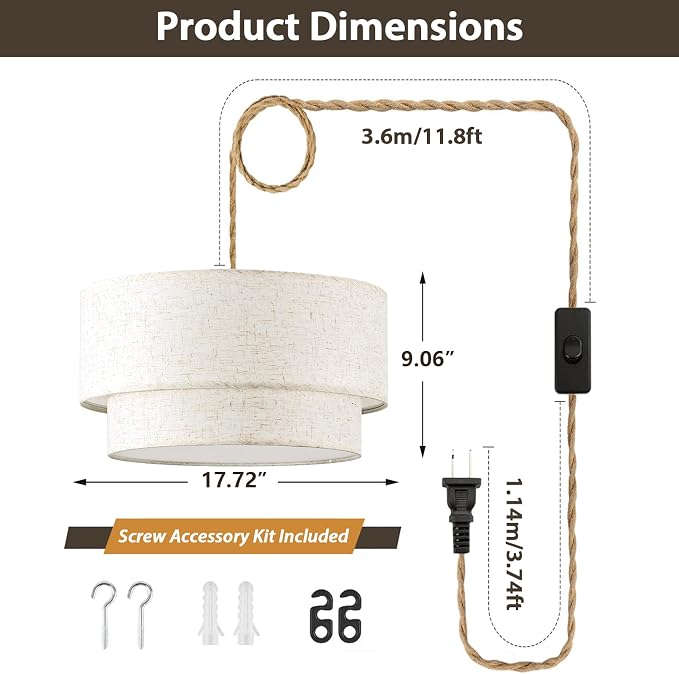 Plug in Pendant Light, 2-Tier Drum Linen Pendant Lights with 15.7FT Handmade Woven Light Cord，17.7" Plug in Chandelier for Dining Room Kitchen Island and Bedroom