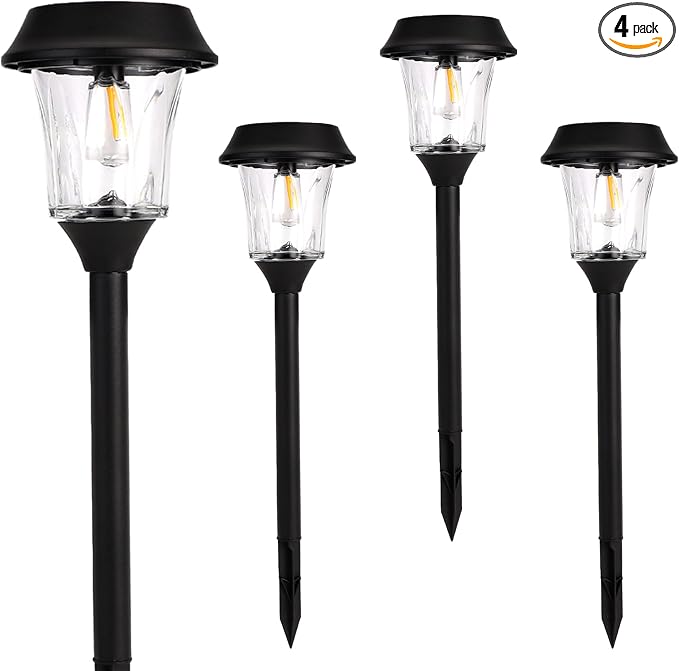Solar Pathway Lights Outdoor, Landscape Lighting 4 Pack | Stainless Steel & Glas, 12-25 LM Dimmable, Dusk to Dawn, IP65 Waterproof, Outdoor Lights for Yard, Lawn, Walkway, Driveway