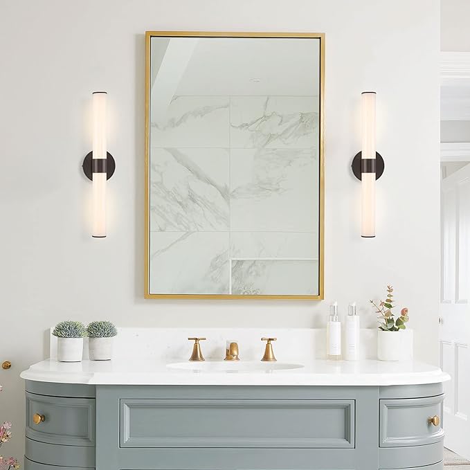 JONATHAN Y 20" Oil Rubbed Bronze/White Integrated LED Vanity Light, Mid-Century Modern Iron Sconce with Frosted Acrylic Shade, Dimmable Bathroom Light Fixture for Mirror, 3000K (JYL7119C)