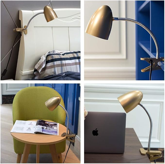 E ENERGETIC LIGHTING Clip on Light for Bed, Non-Dimmable Clip on Reading Light for Bed, 4000K Cool White, 3.5W 240 LM Desk lamp with clamp, Eye Protection, ETL Listed, Gold