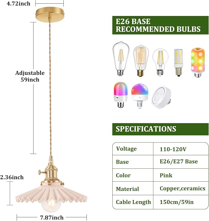 Shenmoyl Pendant Light with Pink Pleated Ceramic Lmapshade, Brass Vintage Pendant Light Adjustable Hanging Light for Kitchen Island Dining Room Hallway