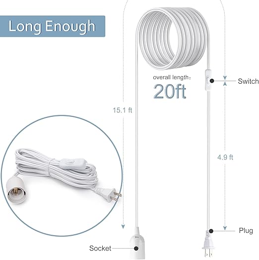 JACKYLED Extension Hanging Lantern Cord Cable 4-Pack 20ft UL 360W with E26 E27 Socket On/Off Button Pendant Lighting White