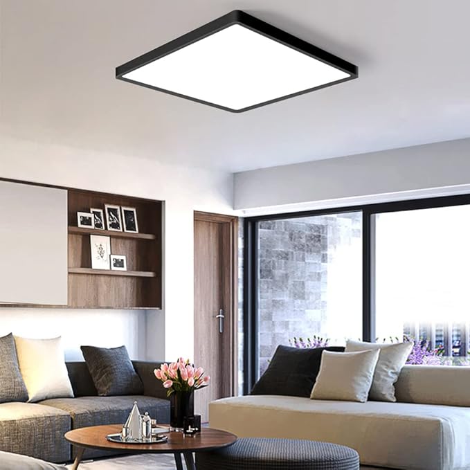 12inch 24W LED Flush Mount Ceiling Light, 6000K Square LED Ceiling Light, Black Flat Panel Lighting for Bedroom, Kitchen, Living Room