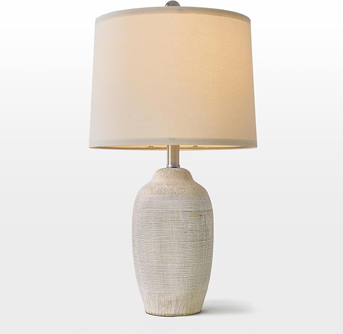24 inch Vintage Ceramic Table Lamp with 5FT Cord - Single Farmhouse Rustic Bedside Lamp with Natural Textured Finish, Nightstand Lamps for Living Room, Bedroom, End Table Beige