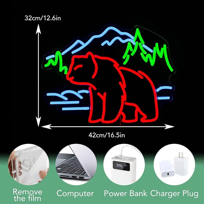 Bear Neon Sign for Wall Decor Dimmable Mountain LED Neon Light Bear Mountains Neon Light Signs Powered by USB for Living Room Hotel Zoo Neon Decor(16.5”*12.6”)